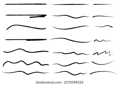 Set of hand drawn marker line vector illustration design element, grunge strokes, doodle lines underline scribble