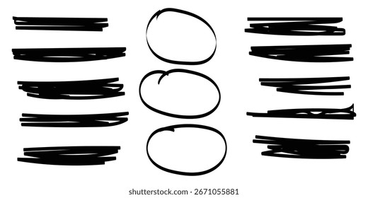 Satz von handgezeichneten Markierungslinie, Vektorgrafik-Design-Element, Grunge-Striche, Doodle-Linien unterstreichen Kritzeleien. Linienmarkierungsunterstrich, Unterstreichung mit einer Linie. Rote Markierungslinie für Unterstreichung