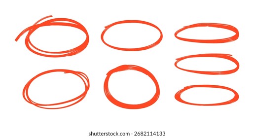 Conjunto de óvalos marcadores dibujados a mano. Colección de resaltador de texto de pluma roja incompleta. Escribiendo resaltar signos redondos de Ilustración vectorial.