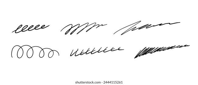 Set of Hand drawn marker pen line stroke. Highlight underline and strike through. Pen line template. Vector illustration isolated on white background.