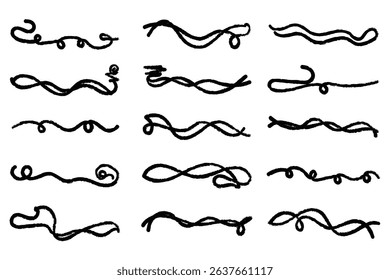 Set of hand drawn marker pen stroke line white background design element doodle scribble Rough charcoal strokes. Collection of vector grunge brushes. Vector horizontal chalk lines drawn by hand.