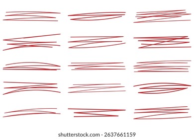 Set of hand drawn marker pen stroke line white background design element doodle scribble Rough charcoal strokes. Collection of vector grunge brushes. Vector horizontal chalk lines drawn by hand.