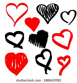 Set of hand drawn marker red and black heart on white background. Vector illustration for your graphic design