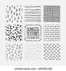 Set of hand drawn marker seamless patterns. Endless backgrounds of simple scratchy vector textures with lines, dots and doodles.