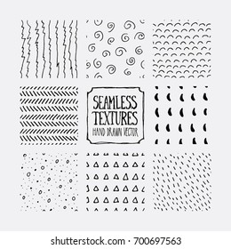 Set of hand drawn marker seamless patterns. Endless backgrounds of simple scratchy vector textures with lines, dots and doodles.