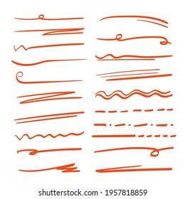 Set of hand drawn marker strokes, underlines.Collection of doodle style various strips. Art lines.Isolated on white.Vector illustration