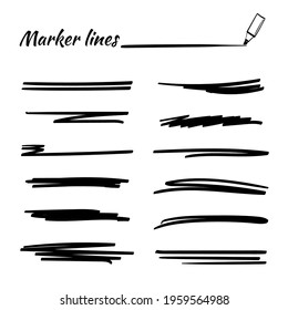 Set of hand drawn marker strokes, underlines.Collection of doodle style various strips. Art lines.Isolated on white.Vector illustration
