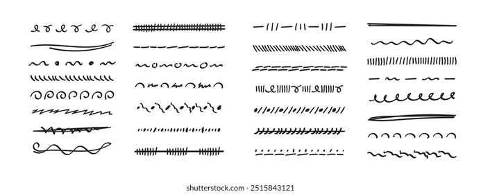 Set of hand drawn marker strokes, underlines.Collection of doodle style various strips. Art lines.Isolated on white.Vector illustration