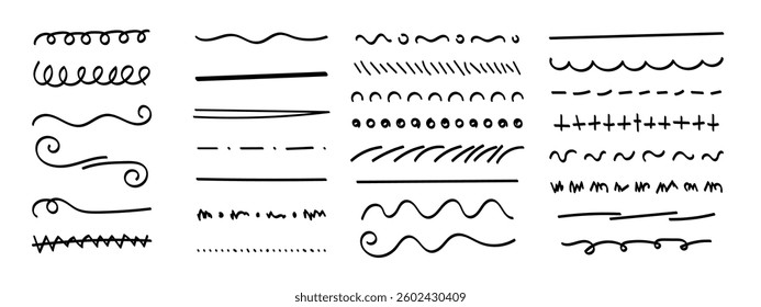 Set of hand drawn marker strokes, underlines.Collection of doodle style various strips. Art lines.Isolated on white.Vector illustration