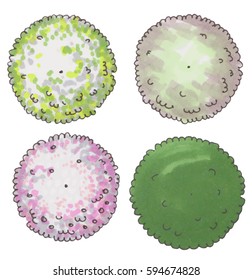 Set of hand drawn marker trees, top view, vector
