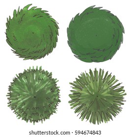 Set of hand drawn marker trees, top view, vector