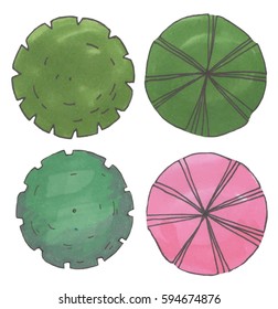 Conjunto de árboles marcadores dibujados a mano, vista superior, Vector