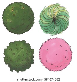Set of hand drawn marker trees, top view, vector