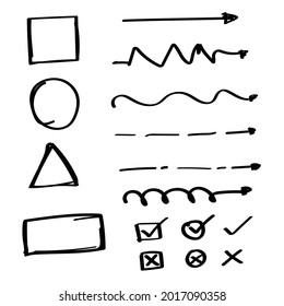 Set of hand drawn markers, arrows, pointers and frames isolated on white background. Doodle infographic elements and sketching. Vetor eps 10