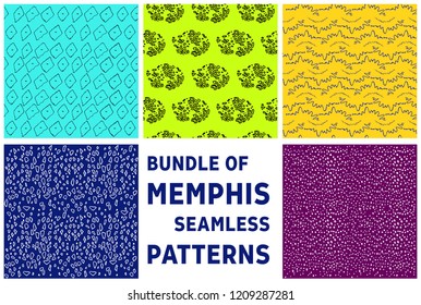 Set of hand drawn markers and ink seamless colorful patterns. Simple vector spiky textures with dots, strokes and scribbles. Fashion 80-90s.