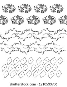 Set of hand drawn markers and ink seamless patterns. Simple vector spiky textures with dots, strokes and scribbles.