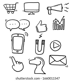 set of hand drawn marketing icons, seo, analytics, ads, business illustration doodle style