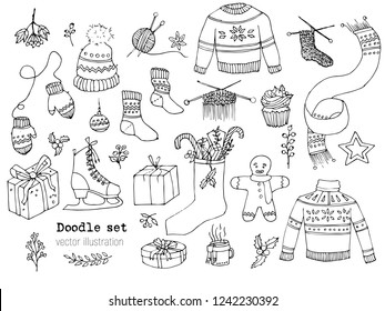 Set of hand drawn marry Christmas And happy New Year Vector elements. Cute Winter Doodle. Sketch isolated illustration. Cozy cartoon knitted sweater, scarf, hat, mittens, Skates, pancake gingerbread.