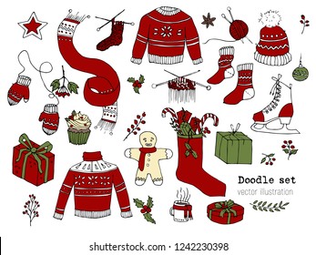 Set of hand drawn marry Christmas And happy New Year Vector elements. Cute Winter Doodle. Sketch isolated illustration. Cozy cartoon knitted sweater, scarf, hat, mittens, Skates, pancake gingerbread.