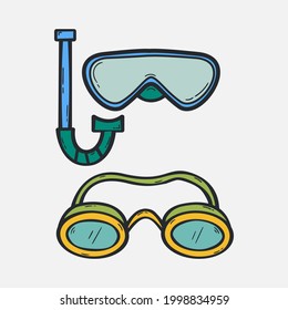 Set Hand Drawn Mask And Snorkel For Swimming Icon Design Template. Vector Sketch Doodle Illustration Isolated On White Background. Summer Holiday Equipment For Swim In Ocean