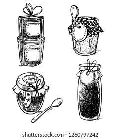 Set of hand drawn mason jars with jam, vector illustration