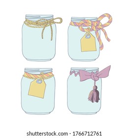 Set of hand drawn mason jars with bows and tags. Stock vector illustration