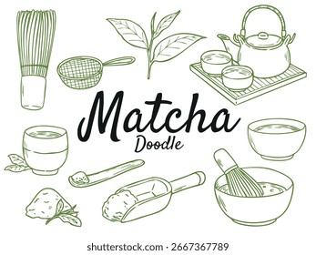 Set of hand drawn matcha green tea doodle illustration