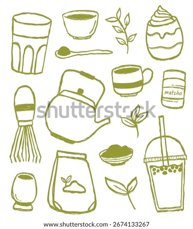 Set of hand drawn matcha green tea doodles. Collection of Japanese tea ceremony icons including chasen whisk, teapot, and latte for a healthy cafe menu design.