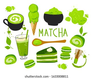 Set of hand drawn matcha tea products: powder, cake, macarons, ice cream, latte