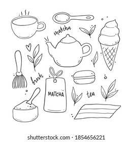 Set Of Hand Drawn Matcha Tea Ingredient And Traditional Ceremony Elements, Cup, Spoon, Matcha Leaf. Doodle Sketch Style Illustration.