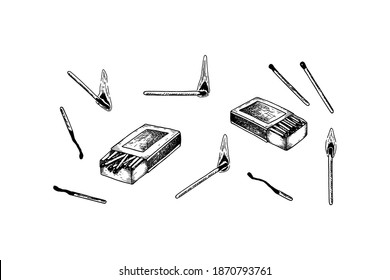 Conjunto de coincidencias dibujadas a mano aisladas en fondo blanco. Ilustración vectorial en el estilo de esbozo