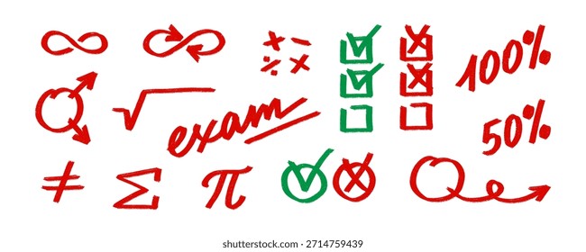 Conjunto de símbolos de matemáticas y exámenes dibujados a mano, que incluyen infinito, raíz cuadrada, porcentajes y marcas de verificación y cruces rojas y verdes. Ilustración vectorial texturizada ideal para diseño educativo, concursos, pruebas.