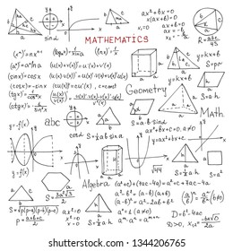 Set with hand drawn mathematics formules and other elemets. Science collection. Vector doolle illustration