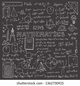 Set with hand drawn mathematics formules and other elemets. Science collection. Vector doolle illustration