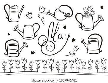 Set of hand drawn May elements isolated on white background. Spring icons in doodle style. Garden watering cans, tulips, a garden bed and the handwritten name May. Vector illustration