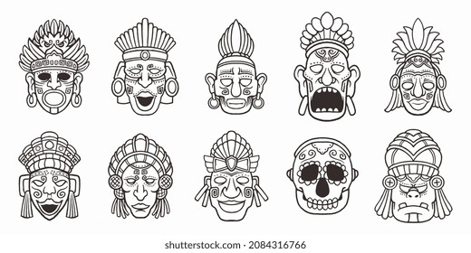 Set of hand drawn maya faces symbols isolated on white background.