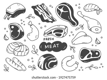 set of hand drawn meat doodle 