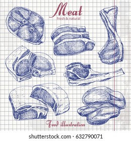 Set of hand drawn meat isolated on white background. Vector poster with a in a sketch style