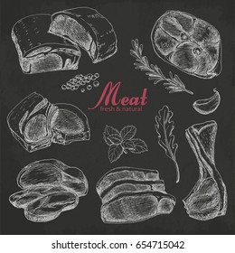 Set of hand drawn meat isolated on black background