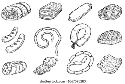 Set of hand drawn meat products illustrations.Sausages, bacon, lard, salmon, salami, steak, ribs. Design elements for poster, menu, flyer. Vector illustration