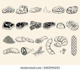 Set of hand drawn meat products sketch illustration (Steak, beef, lamb, pork steak, ham, minced meat, sausage, spices), vector food collection, butchery food meat product clipart 