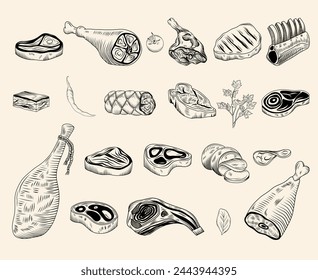 Set von handgezeichneten Fleischprodukten Skizzenillustration (Steak, Rind, Lamm, Schweinesteak, Schinken, Hackfleisch, Wurst, Gewürze, Jamon, Schmalz), Vektorgrafik Food Kollektion, Metzgerei Food Fleisch Produkt Clipart 