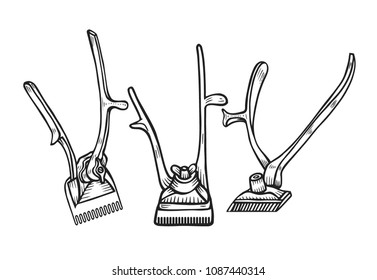 Set of Hand drawn Mechanical hair clipper vector illustration isolated on white in old vintage engraving style. Barber shop vector.