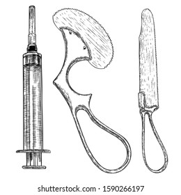 Set of hand drawn medical equipment. Surgical instruments, tool knife and syringe for surgery. Vector