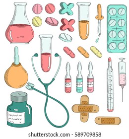 Set of hand drawn medical objects. Pills, ampoule, syringe, thermometer, stethoscope, syringe, patch, flask