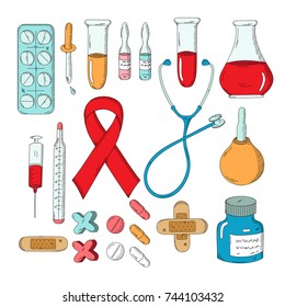 Set of hand drawn medical objects. Pills, ampoule, syringe, thermometer, stethoscope, syringe, patch, flask. Aids awareness red ribbon
