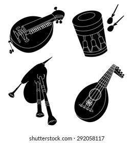 Set of hand drawn medieval musical instruments. Lute, bagpipe, hurdy-gurdy, drum. Black silhouettes technique drawing.