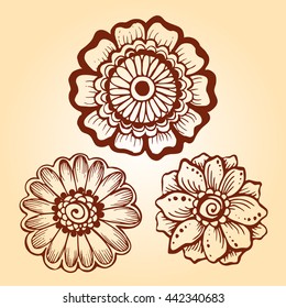 Set of hand drawn mehendi flowers. Can be used for coloring books, tattoo, mehendi and others.