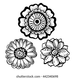 Set of hand drawn mehendi flowers. Can be used for coloring books, tattoo, mehendi and others.
