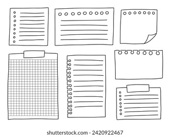 Conjunto de hojas de papel de memo dibujadas a mano y notas pegajosas. Juego de vectores de notas en blanco de boceto